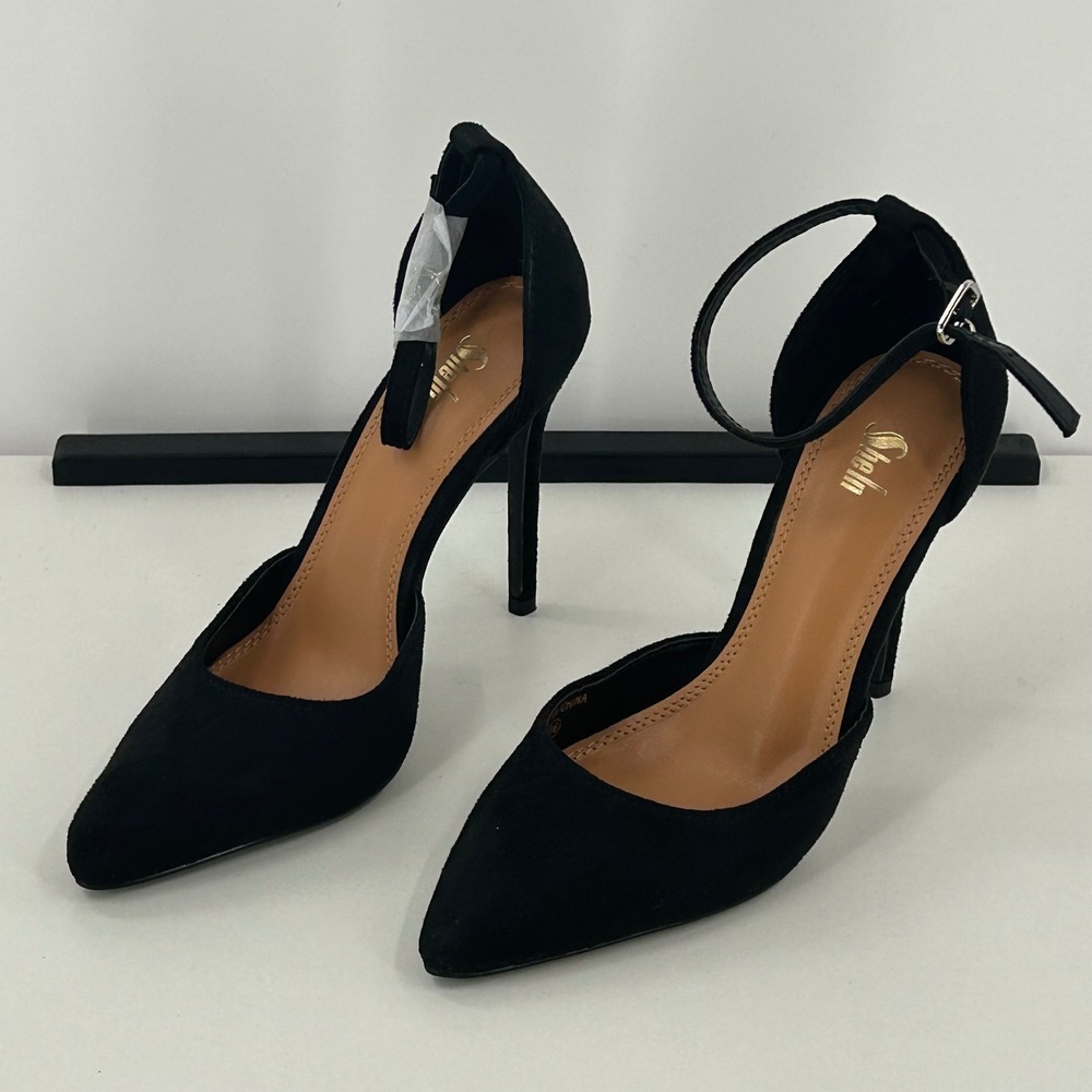 Sheln Black Faux Suede Pointed Toe Ankle Strap dOrsay Stiletto Pumps Size 36